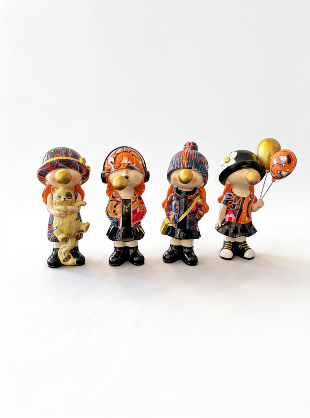 Figurine pop art fille bonnet multicolore résine