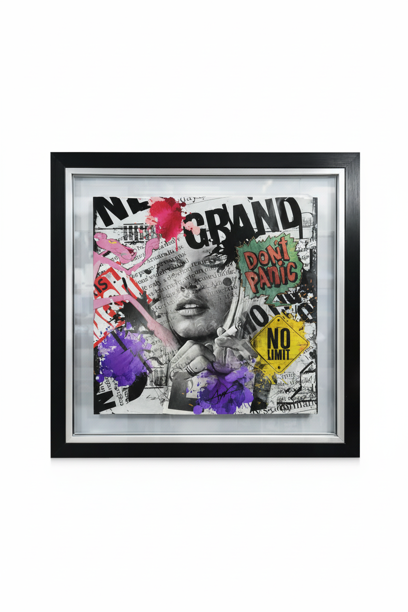 oeuvre-art-street-art-collage-typographie-cadre-noir-argente