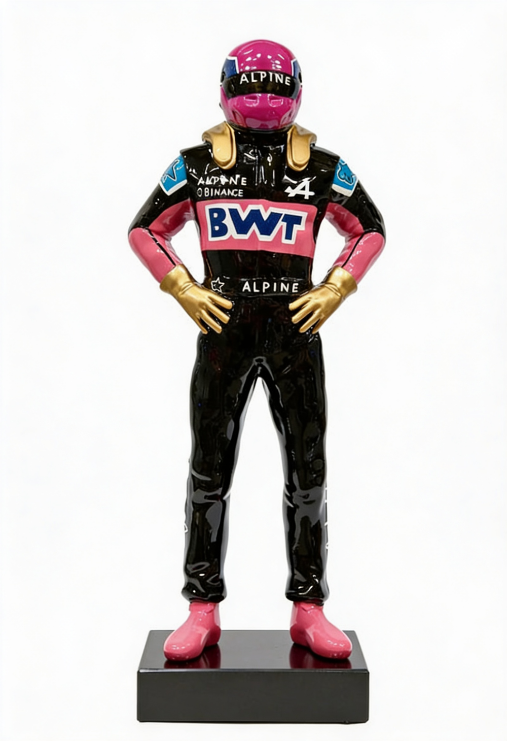 Sculpture pilote Alpine BWT rose noir résine 150 cm – statue F1 décoration