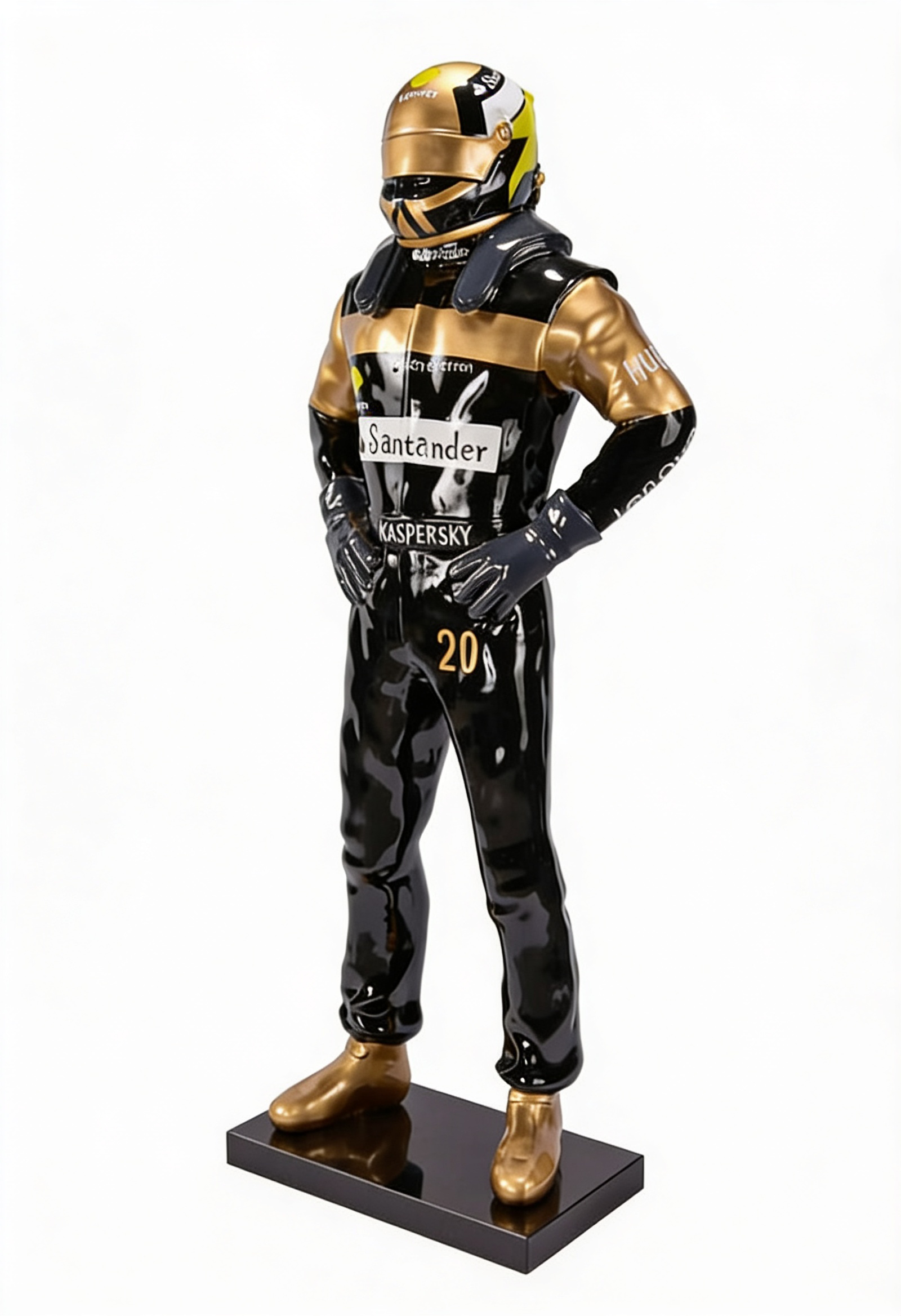Sculpture pilote Ferrari noir or résine 150 cm – statue F1 décoration design