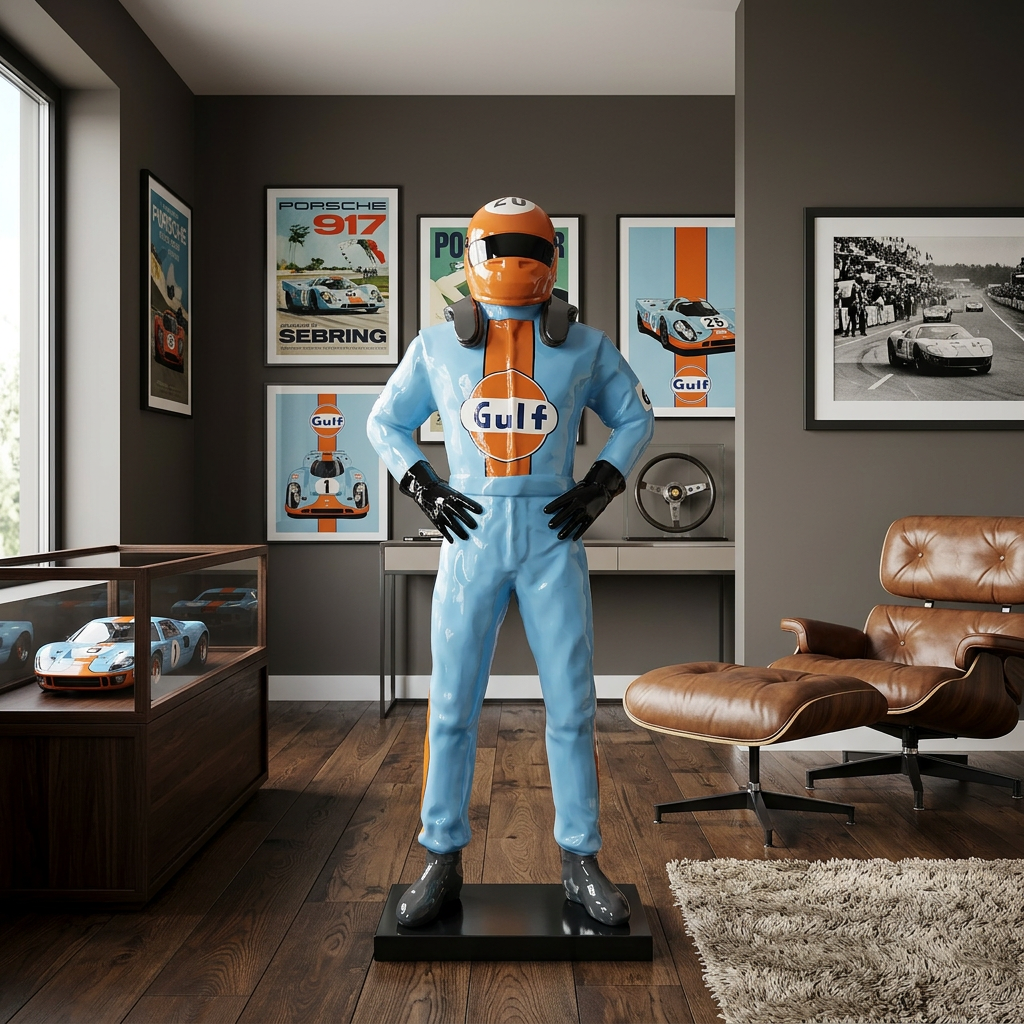 Sculpture pilote Gulf édition limitée résine 150 cm – statue course vintage