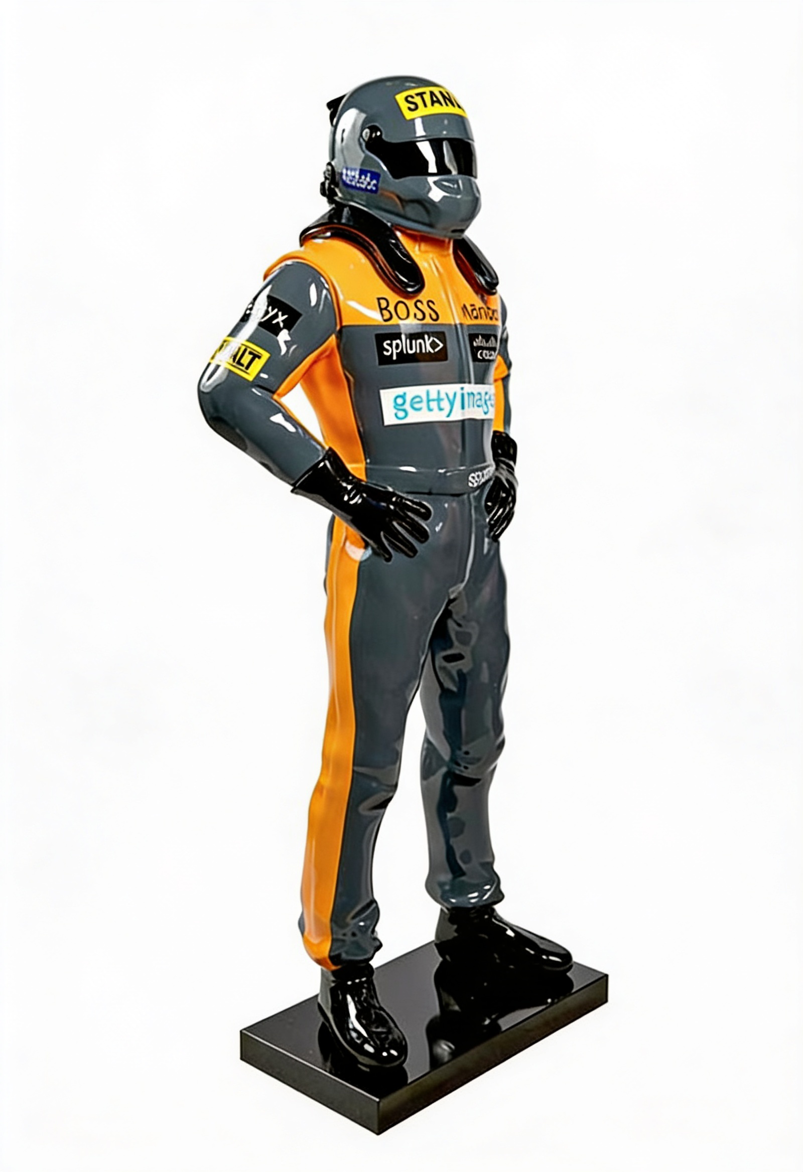 Sculpture pilote McLaren orange papaye résine 150 cm – statue F1 décoration