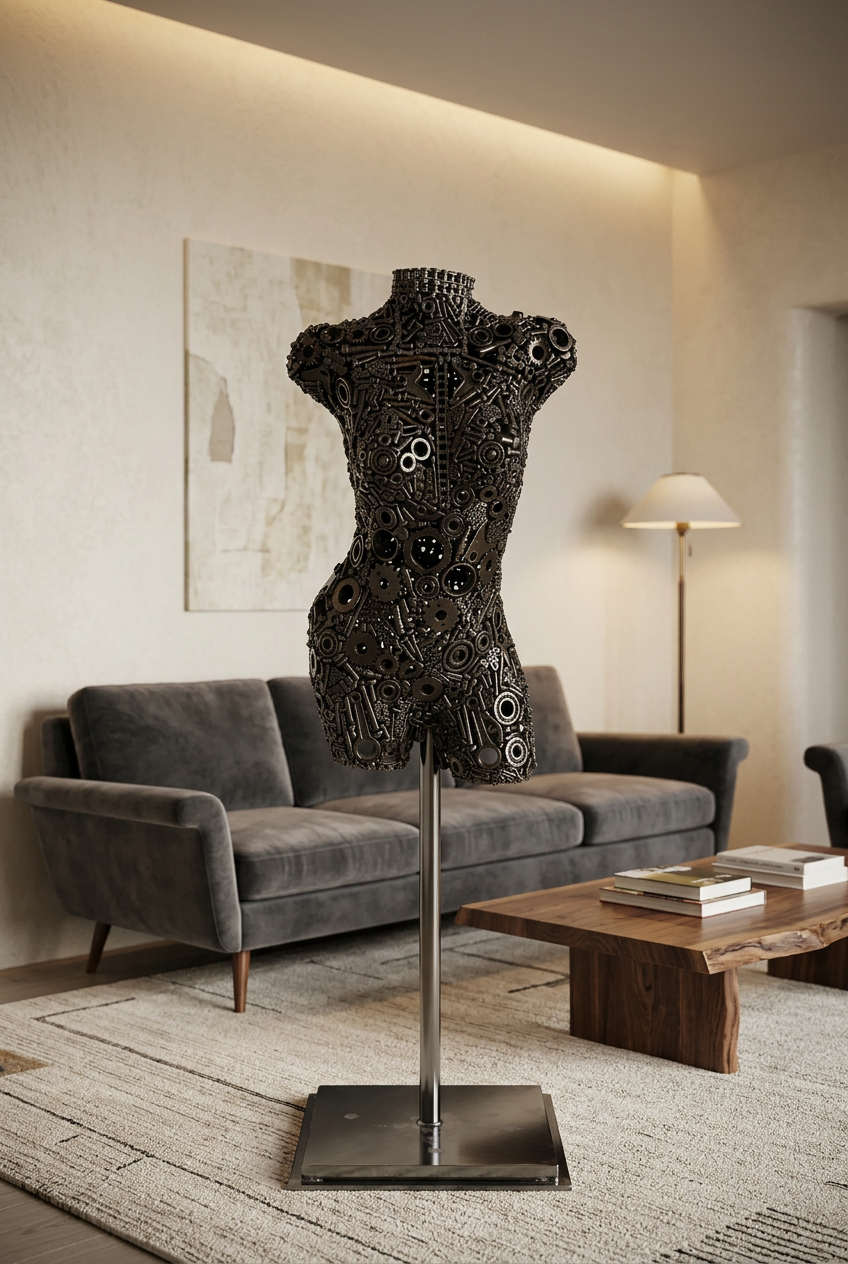 Buste féminin métal noir 140 cm – engrenages et chaînes soudés – ARTHOME