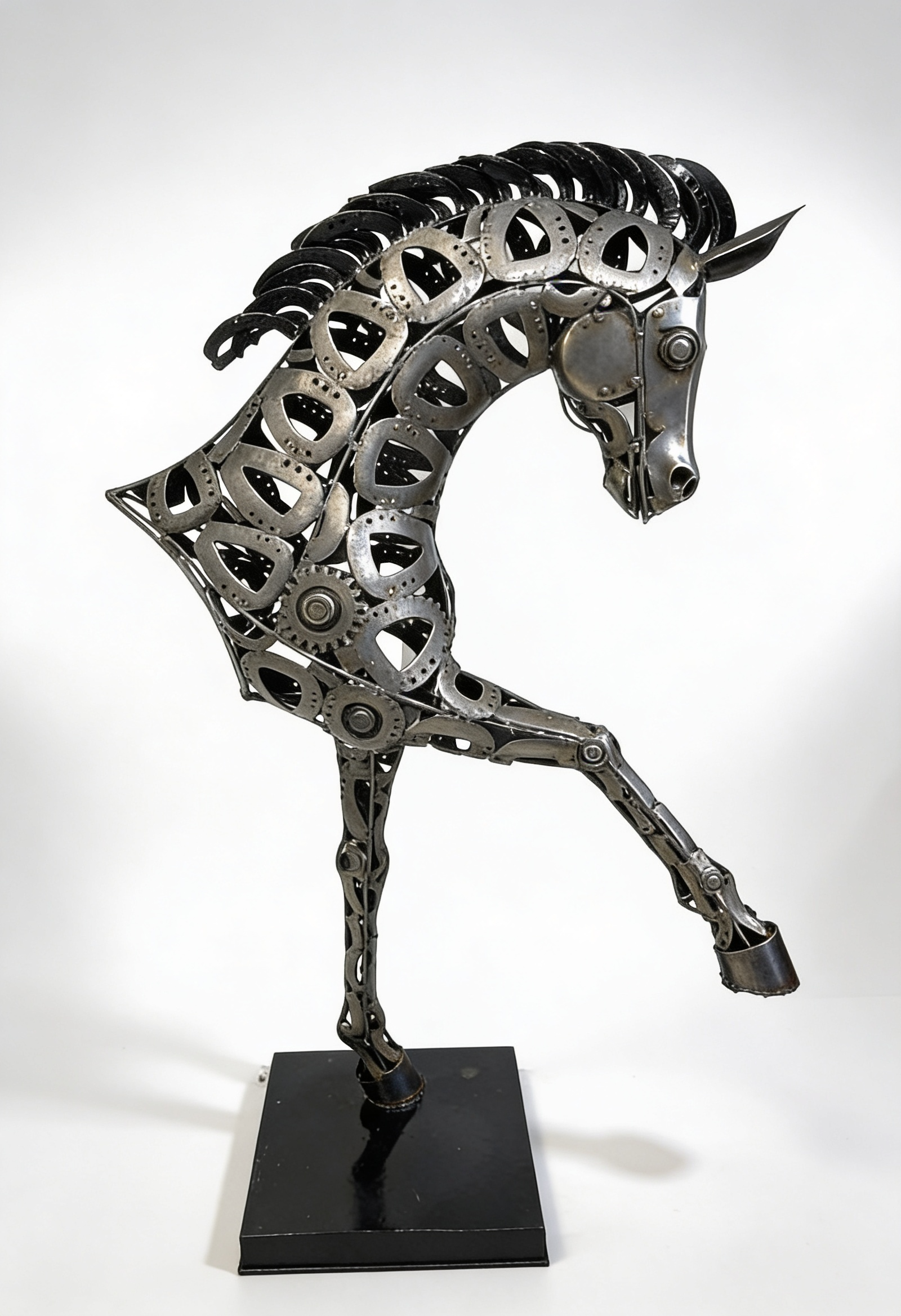 Sculpture demi-cheval métal noir 135 cm – fers à cheval soudés – ARTHOME