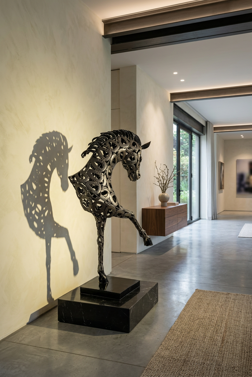Sculpture demi-cheval métal noir 135 cm – fers à cheval soudés – ARTHOME