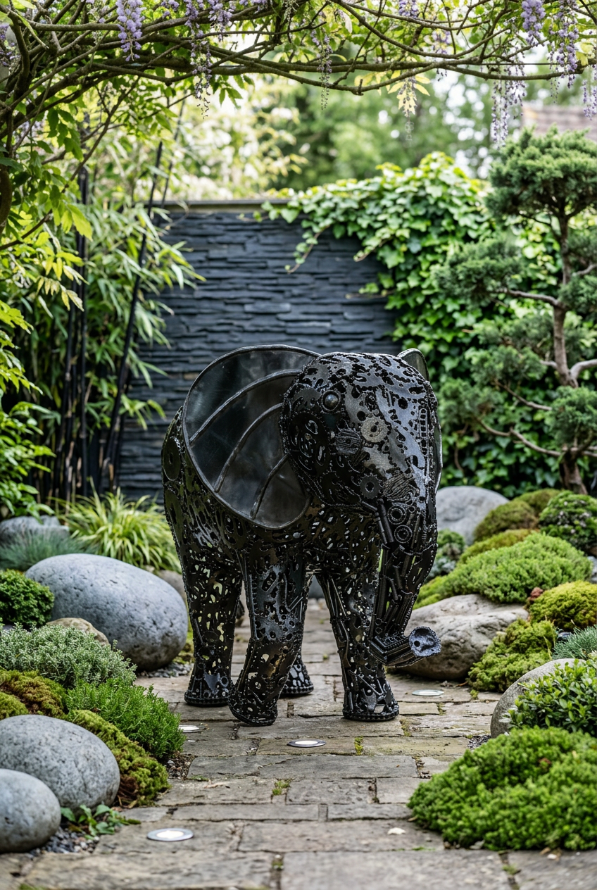 Sculpture éléphant métal noir 100 cm – engrenages soudés – ARTHOME