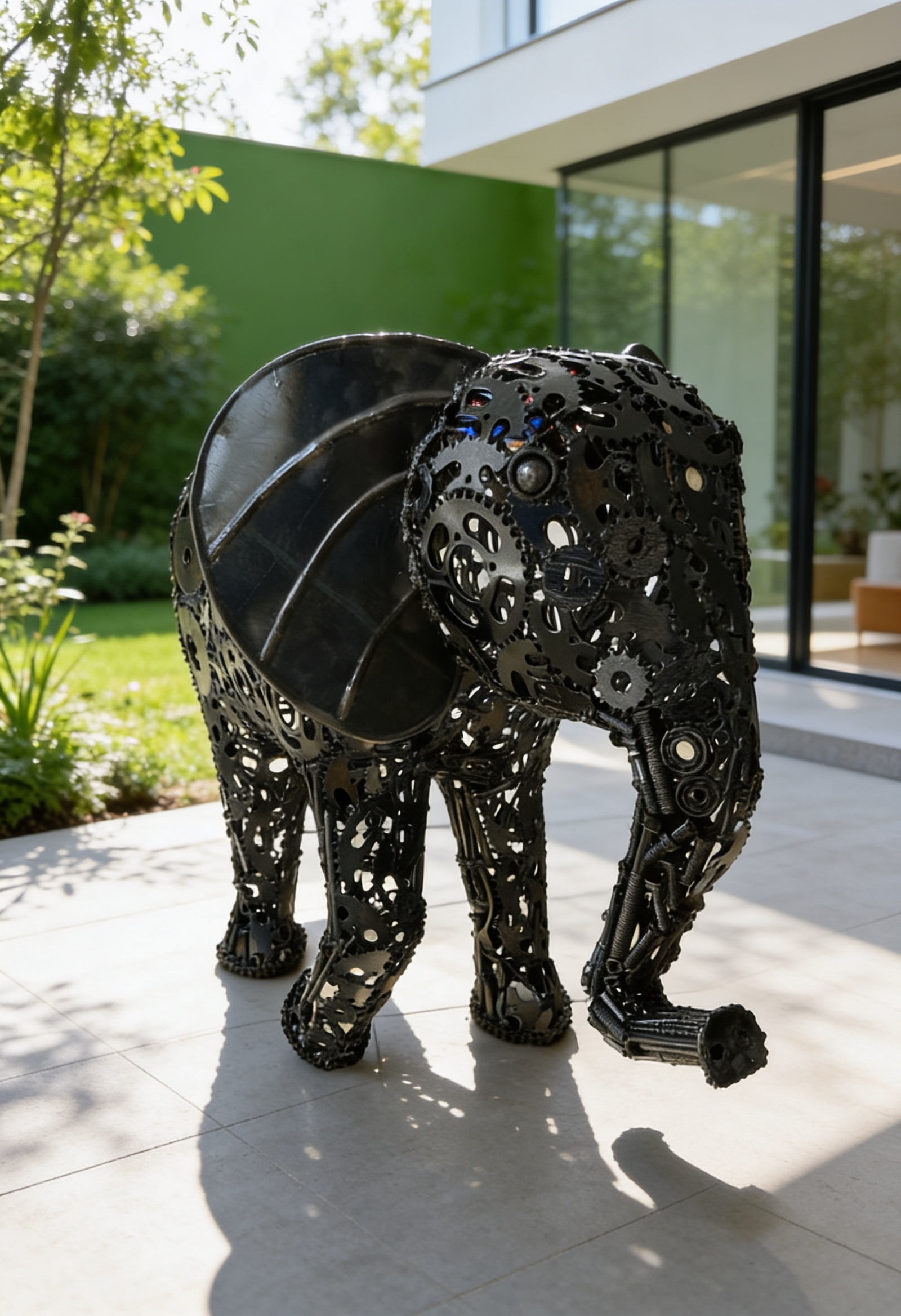 Sculpture éléphant métal noir 100 cm – engrenages soudés – ARTHOME