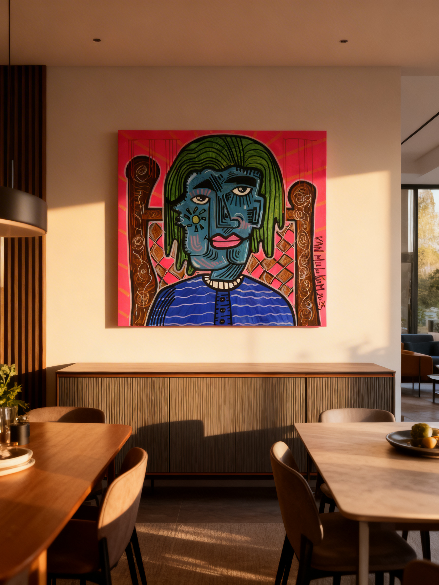 Peinture acrylique originale format carré portrait cheveux verts – Van Mulukom