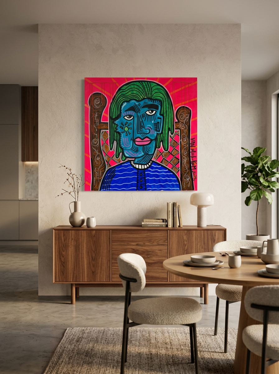 Peinture acrylique originale format carré portrait cheveux verts – Van Mulukom