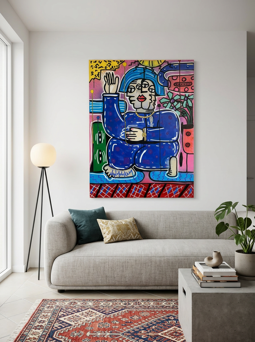 Peinture acrylique originale grand format femme turban bleu – Van Mulukom