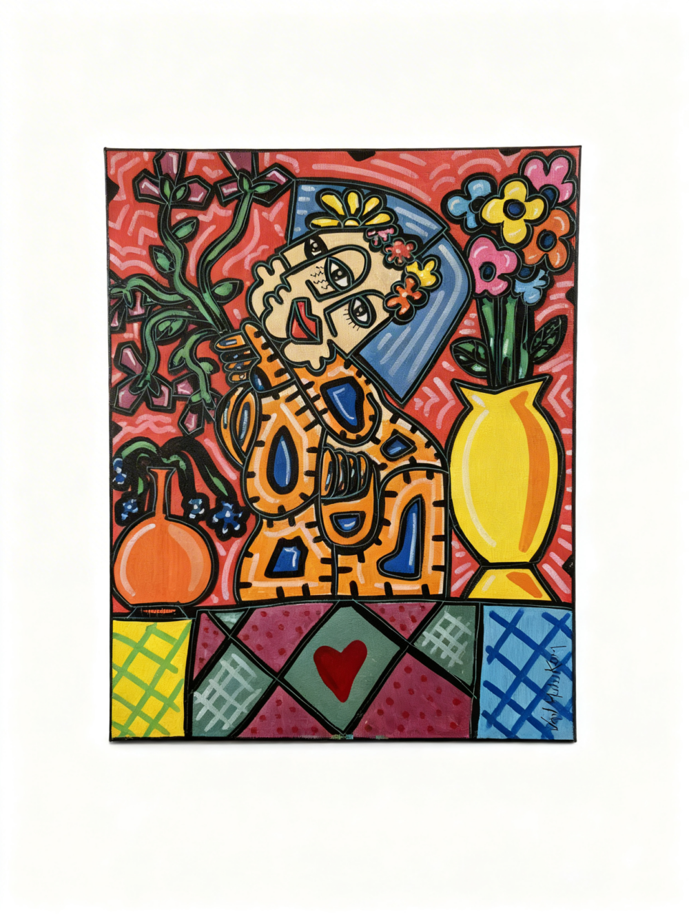 Tableau pop art coloré original 40x50 cm – Vases et cœur, peinture acrylique signée Van Mulukom