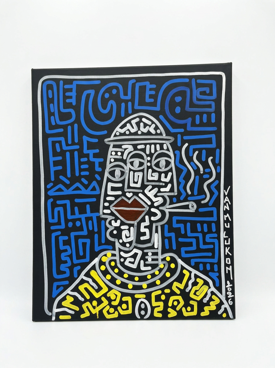 Tableau pop art fond noir original 40x50 cm – Fumeur nocturne, peinture acrylique signée Van Mulukom
