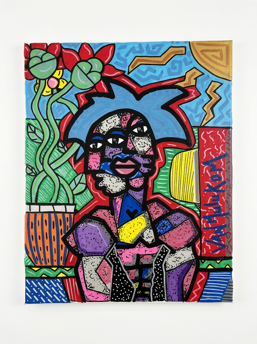 Tableau pop art floral original 40x50 cm – Fleurs tropicales, peinture acrylique signée Van Mulukom