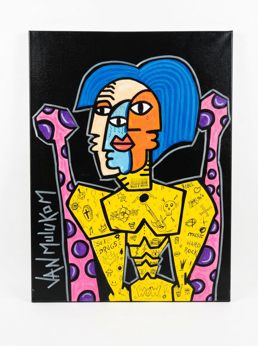 Peinture acrylique originale Van Mulukom – portrait rock cheveux bleus tatouages jaune fond noir