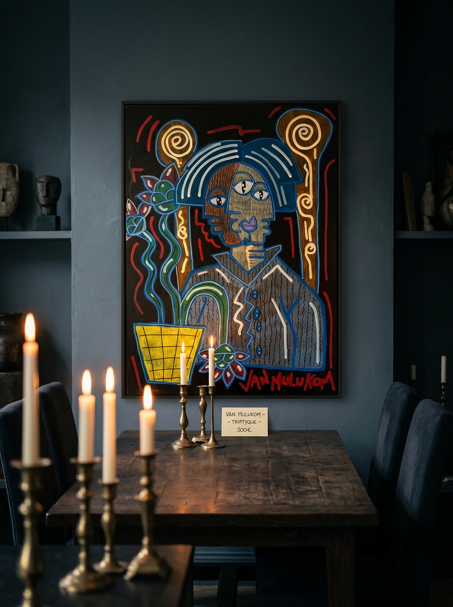 Peinture acrylique originale Van Mulukom – portrait nocturne spirales dorées fleurs bleues fond noir