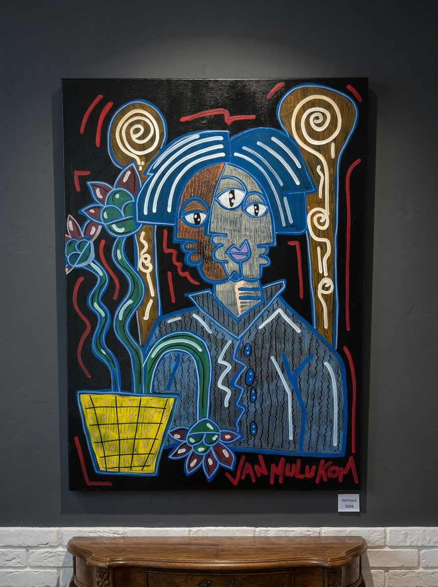 Peinture acrylique originale Van Mulukom – portrait nocturne spirales dorées fleurs bleues fond noir