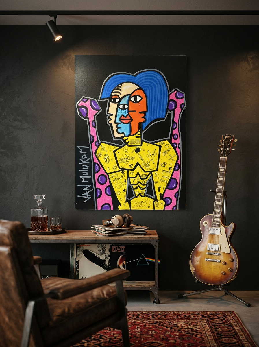 Tableau pop art rock original 55x75 cm – Rock & Roll, peinture acrylique signée Van Mulukom
