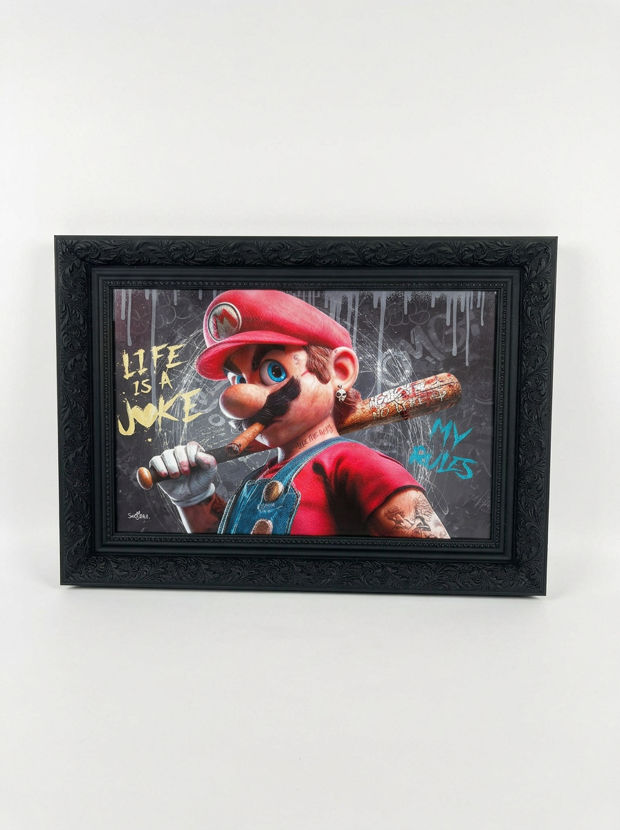 Tableau pop art encadré 55x40 cm – Mario Life is a Joke, cadre baroque noir