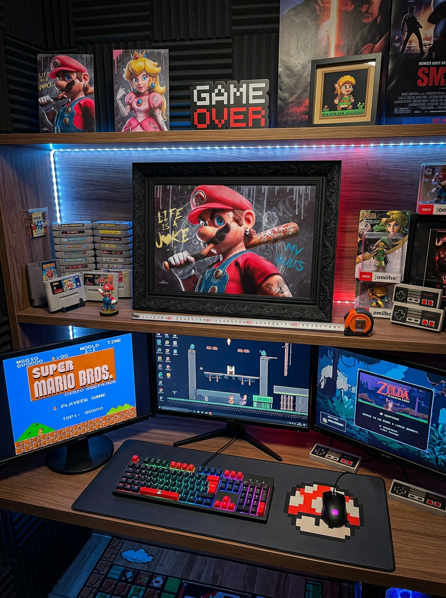 Tableau pop art gaming Mario street art encadré – décoration pop culture cadre baroque noir