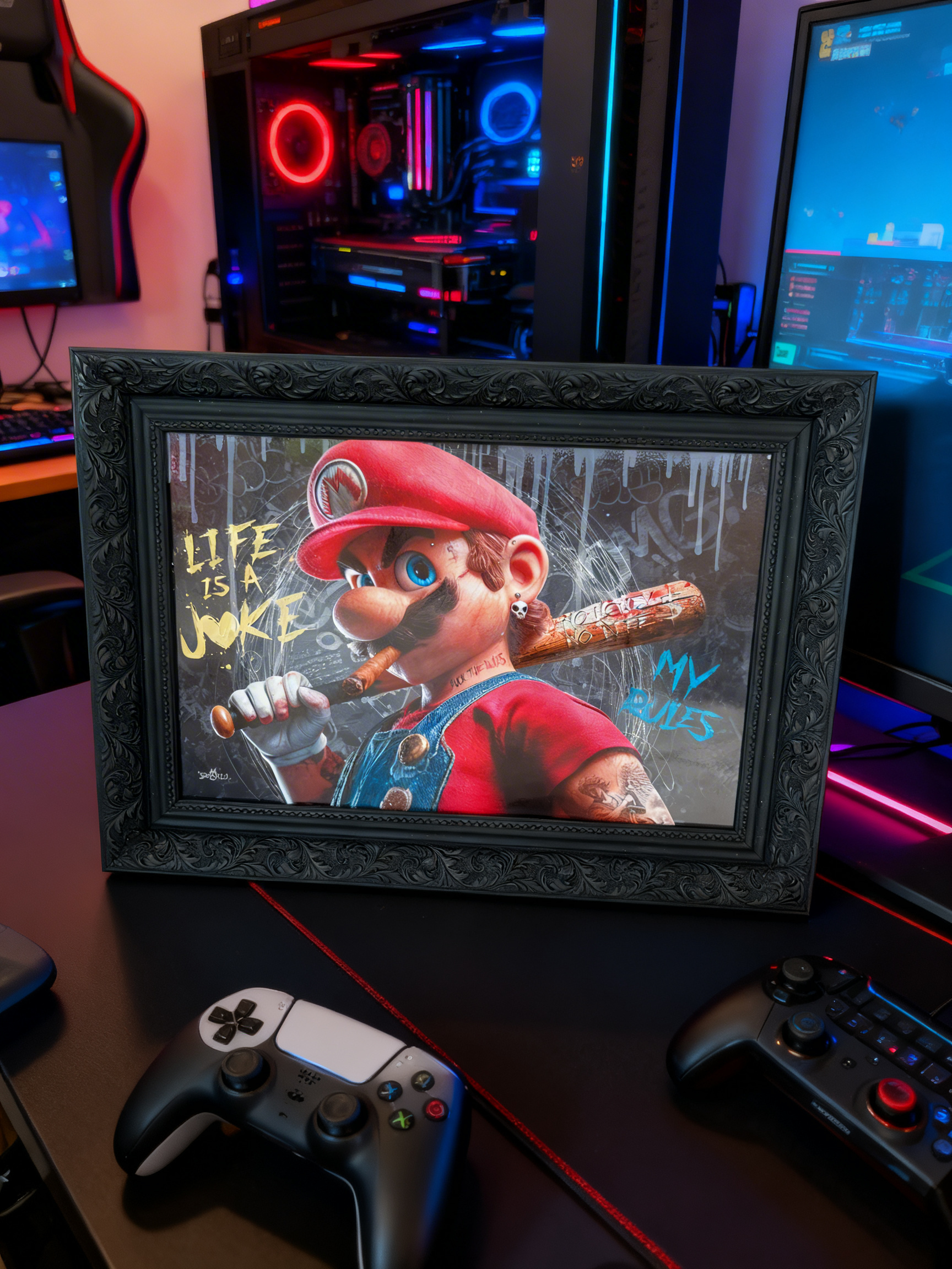 Tableau pop art gaming Mario street art encadré – décoration pop culture cadre baroque noir