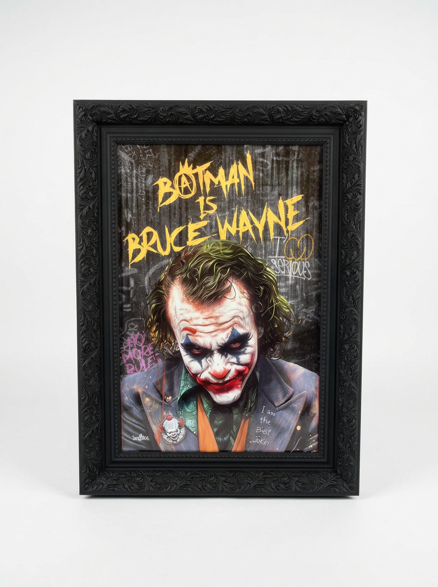 Tableau pop art encadré 55x40 cm – Joker Batman is Bruce Wayne, cadre baroque noir