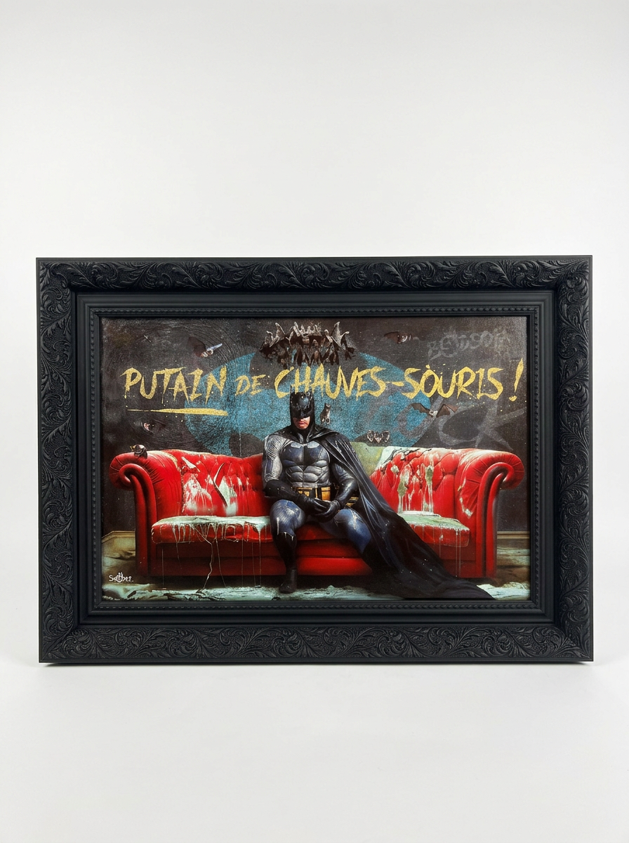 Tableau pop art encadré 55x40 cm – Batman Putain de Chauves-Souris, cadre baroque noir