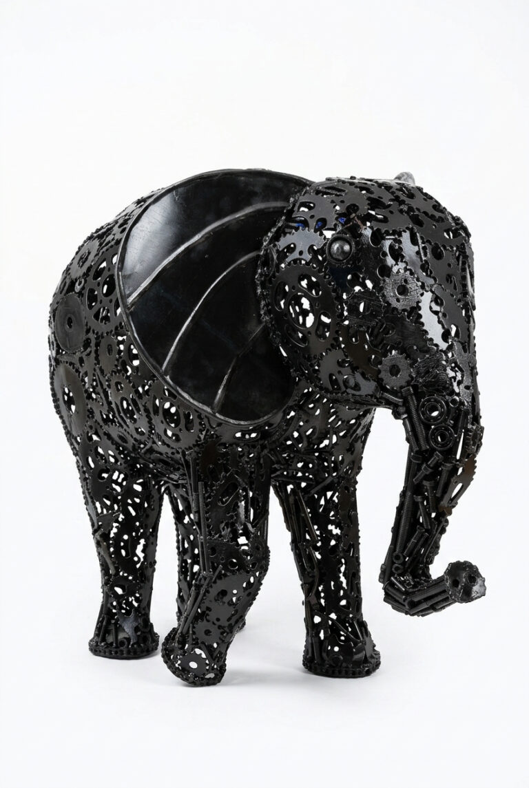 Sculpture éléphant métal noir 100 cm – engrenages soudés – ARTHOME