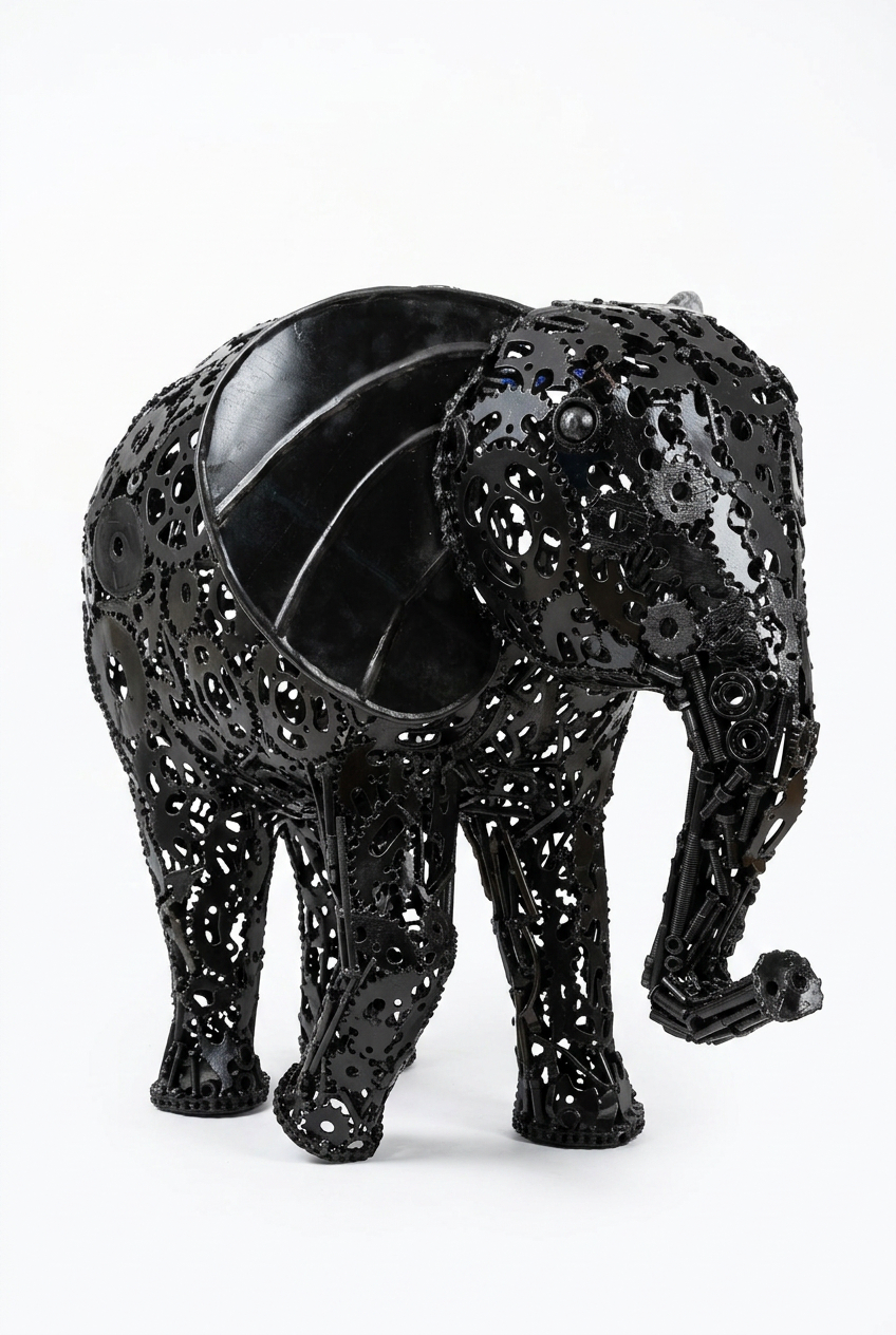 Sculpture éléphant métal noir 100 cm – engrenages soudés – ARTHOME