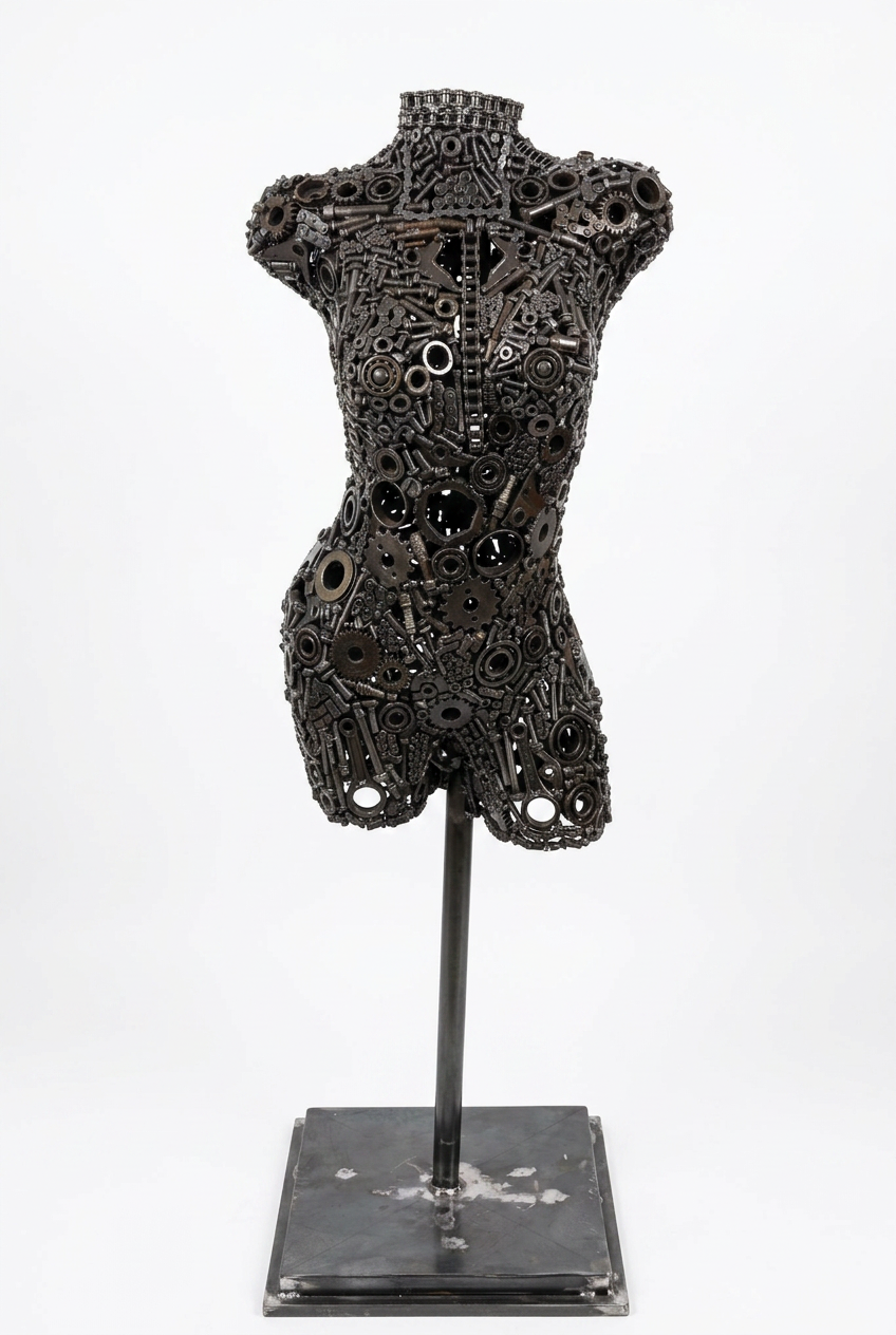Buste féminin métal noir 140 cm – engrenages et chaînes soudés – ARTHOME