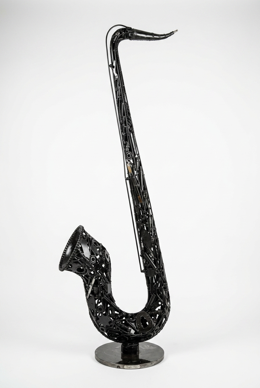 Sculpture saxophone métal noir 170 cm – pièces mécaniques soudées – ARTHOME