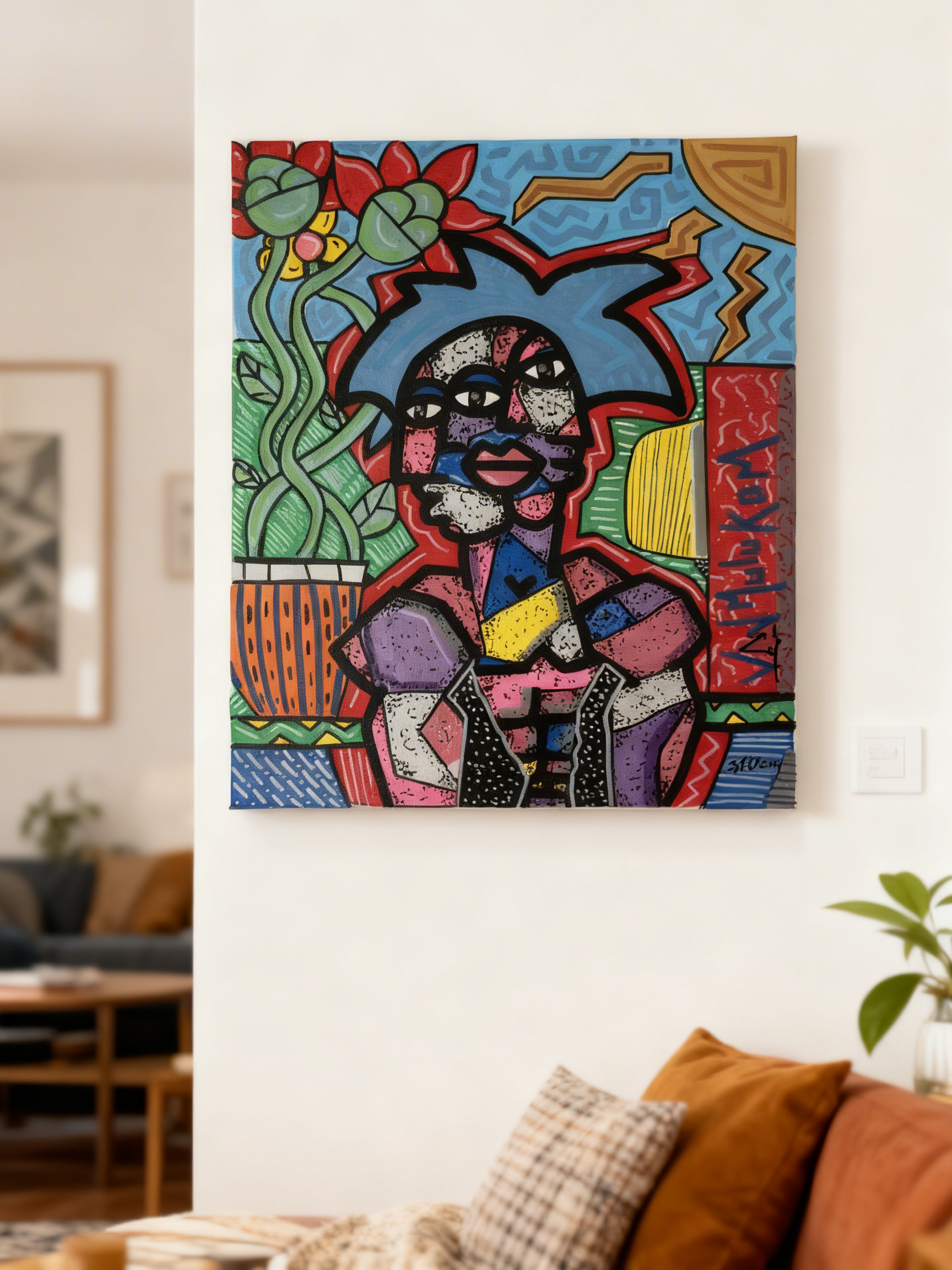 Peinture acrylique originale Van Mulukom – personnage féminin fleurs tropicales rouge bleu vert