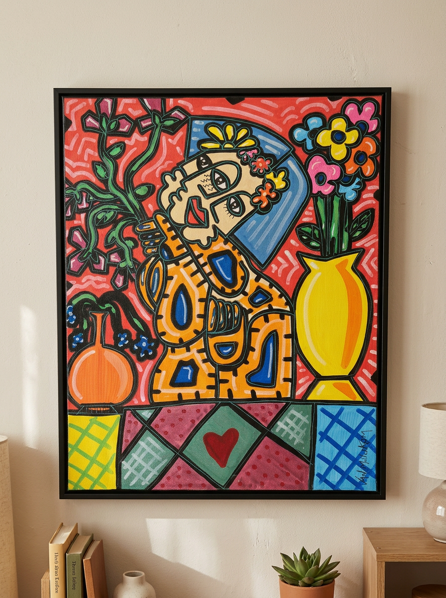 Peinture acrylique originale Van Mulukom – portrait graphique bleu blanc fond noir urbain