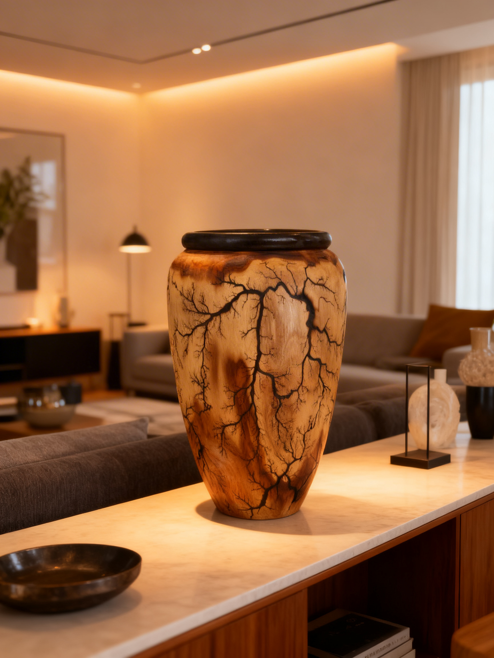 Vase bois unique gravé électricité haute intensité – fractales Lichtenberg Electra Diffusion