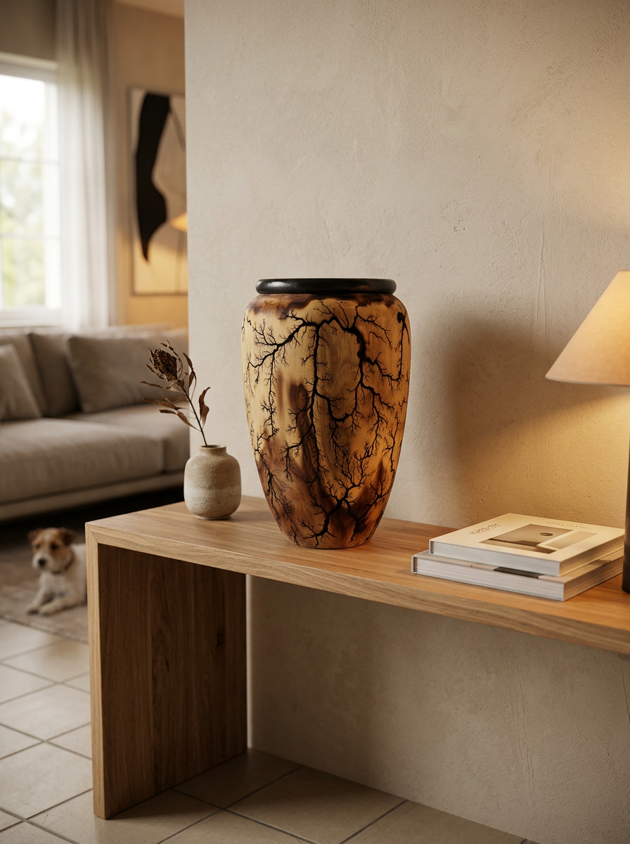 Vase bois unique gravé électricité haute intensité – fractales Lichtenberg Electra Diffusion