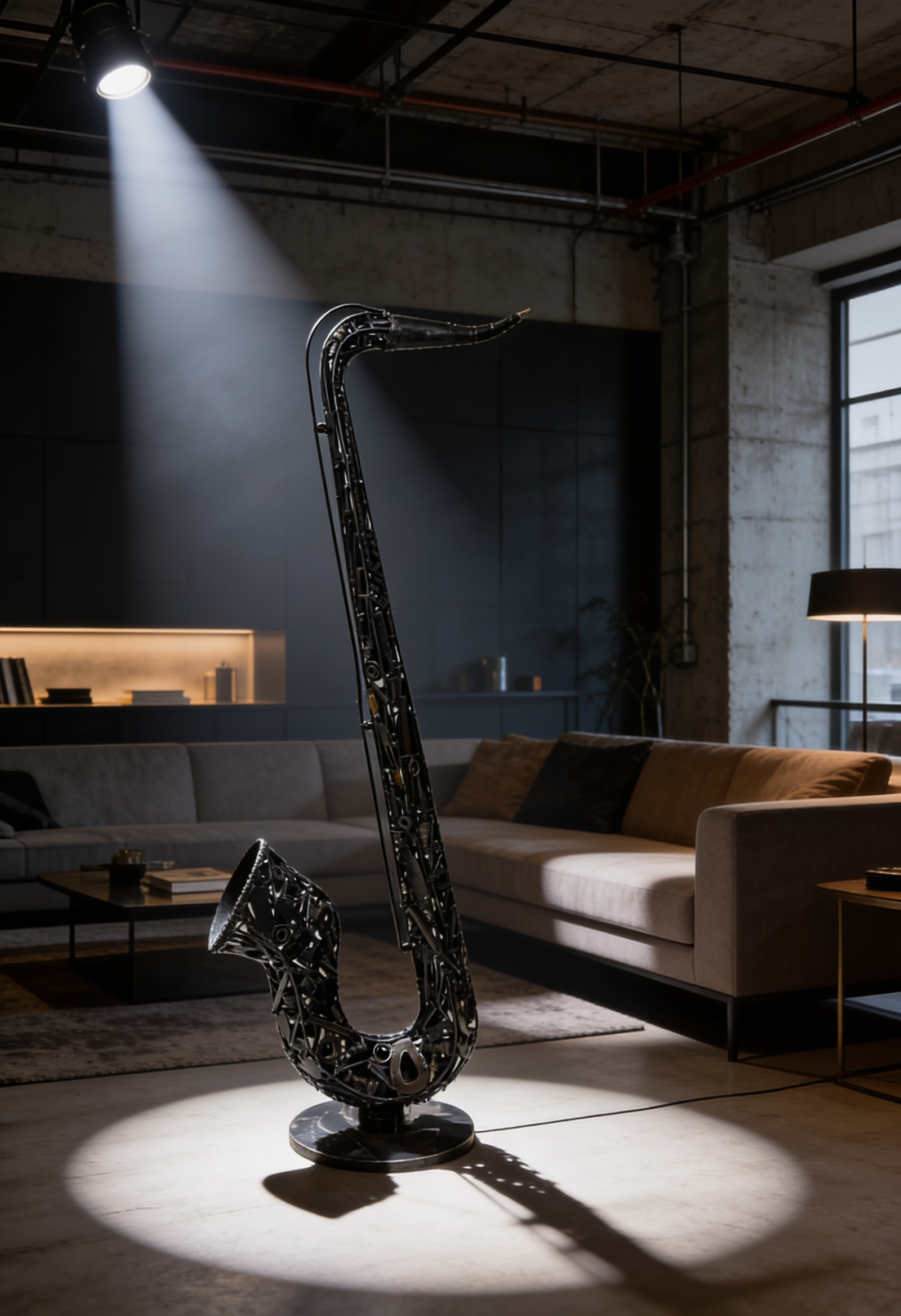 Sculpture saxophone métal noir 170 cm – pièces mécaniques soudées – ARTHOME