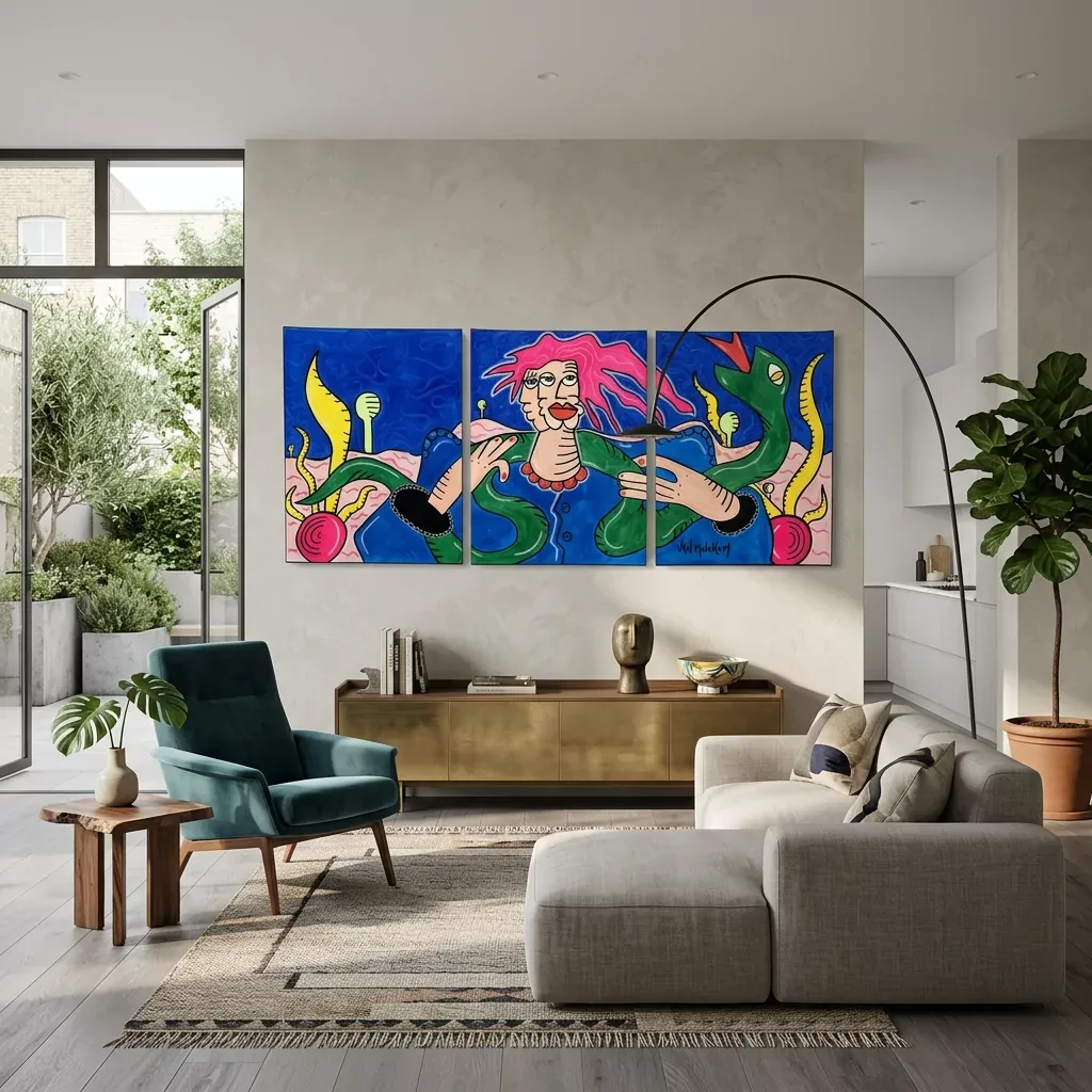 Triptyque pop art coloré accroché sur un grand mur de salon