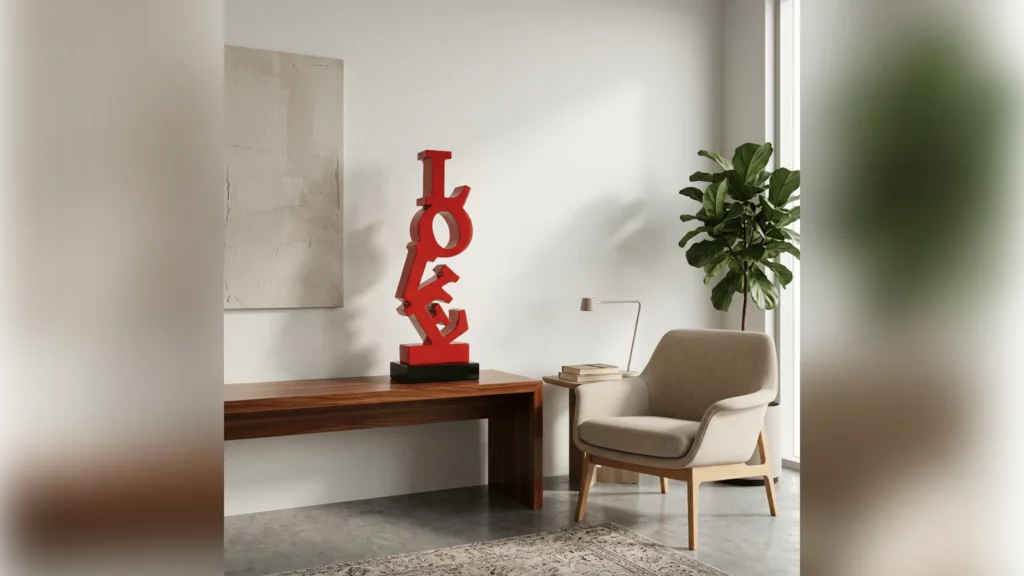 Sculpture LOVE de 57 cm dans un salon, cadeau de Noël pour un couple
