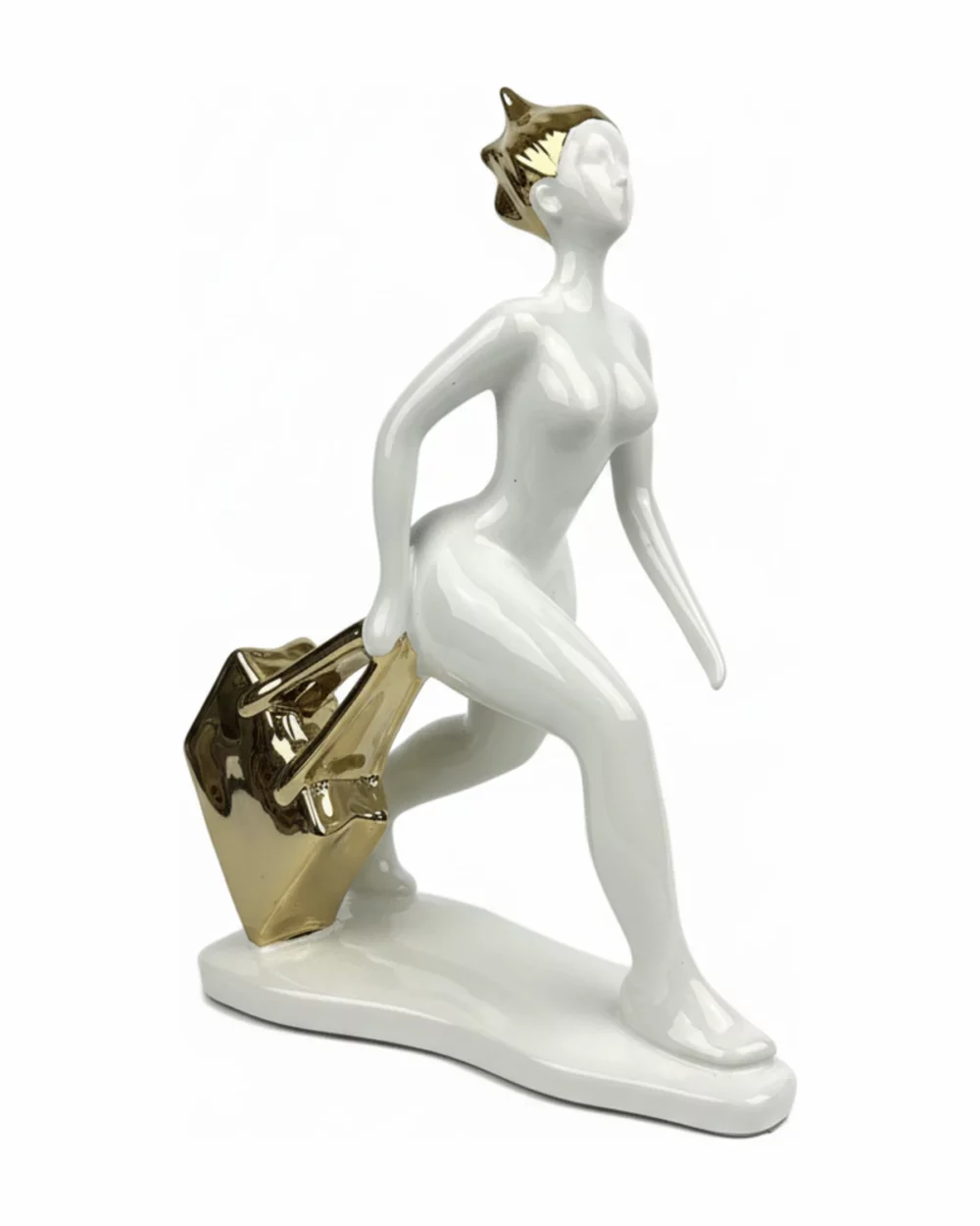 Femme pressée, statuette blanc et or