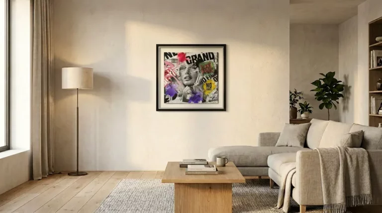 Tableau collage pop art 80 x 80 cm accroché au-dessus d'un canapé